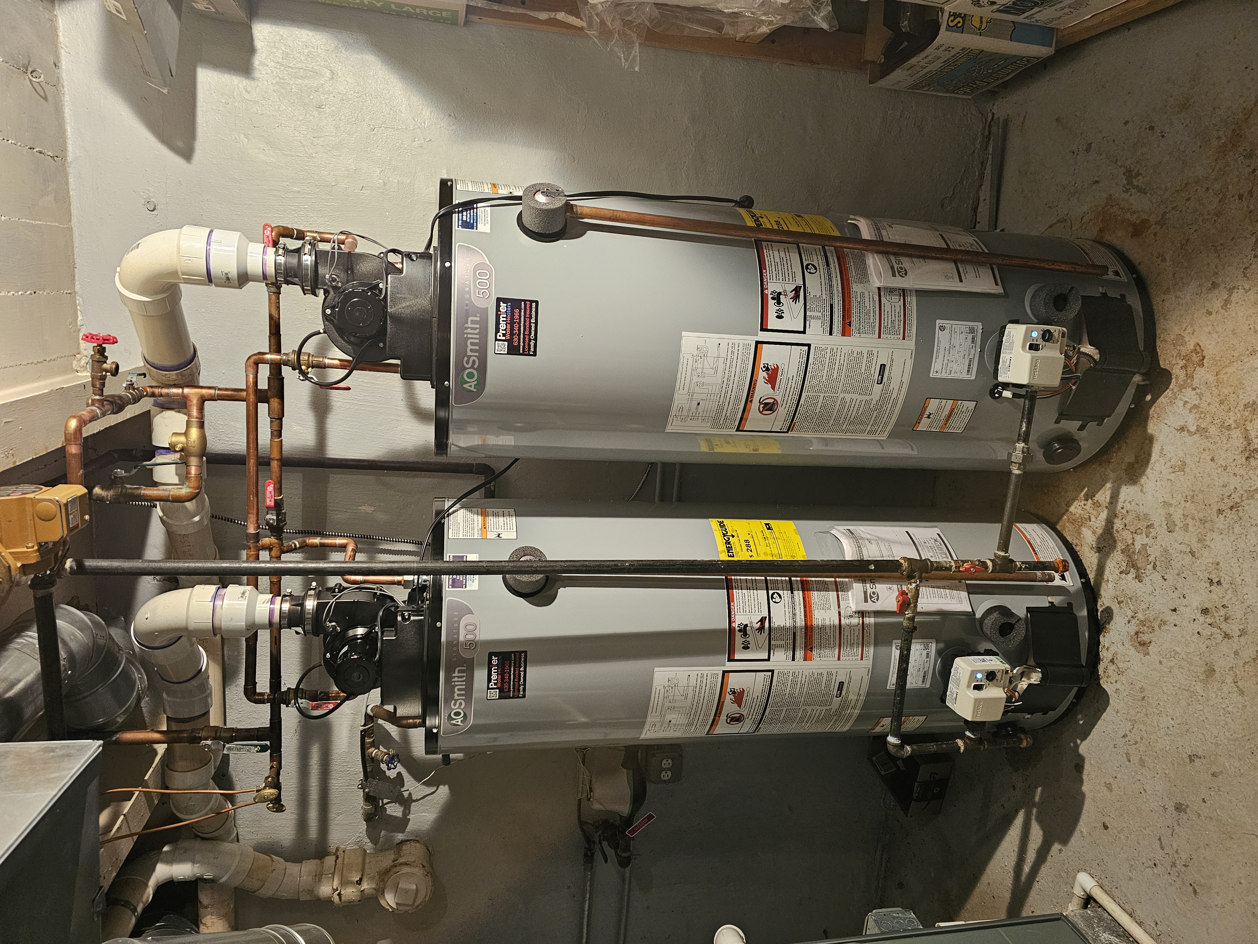 Dual AO Smith Signature 500 power vent water heater installation Premier Water Heaters Illinois